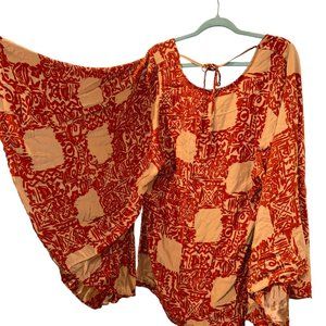 Sunner Stunner orange khaki Silk ethnic kimono sleeve tunic top S